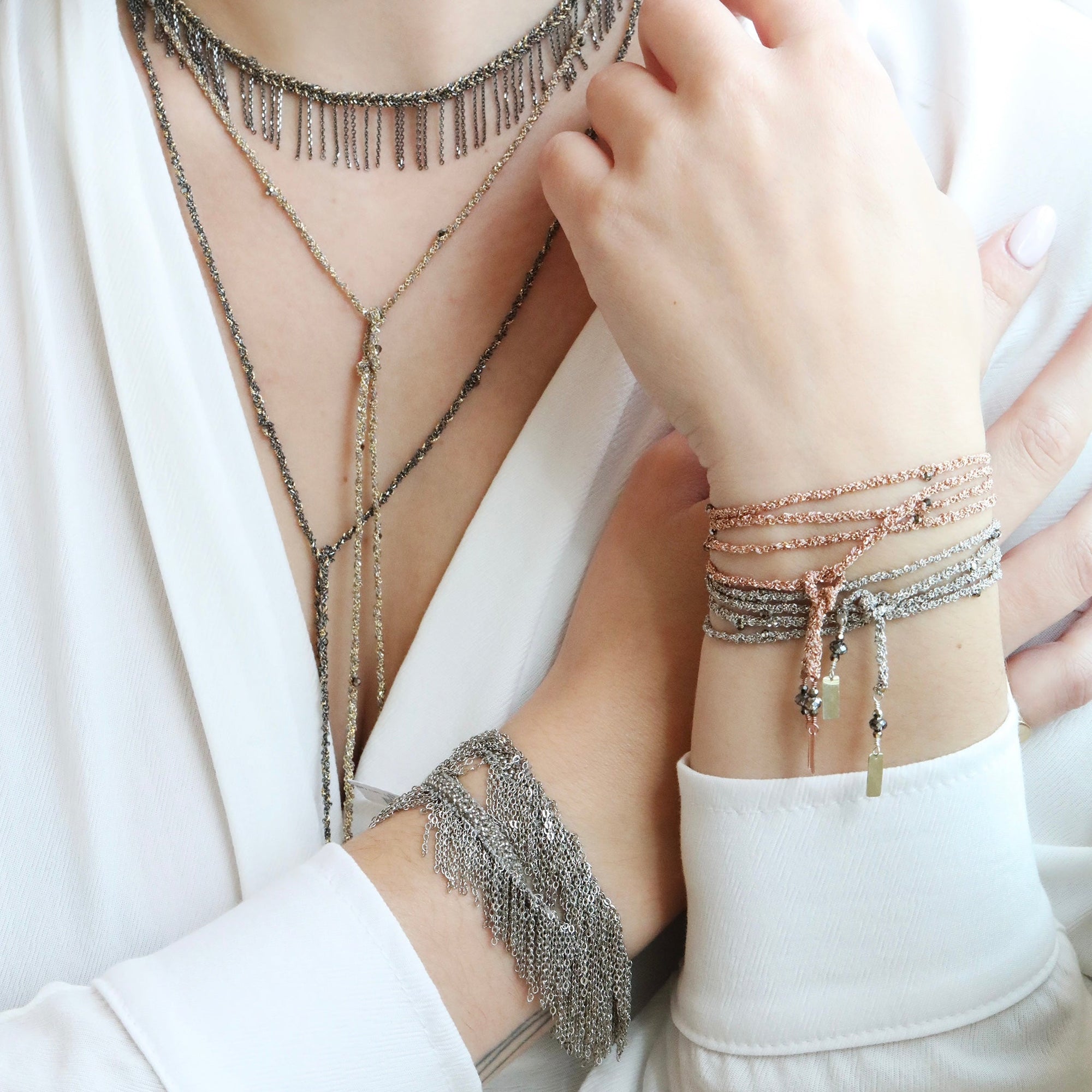 Ruthenium &amp; Gold Vermeil Woven Wrap Necklace - Peridot Fine Jewelry - Marie Laure Chamorel
