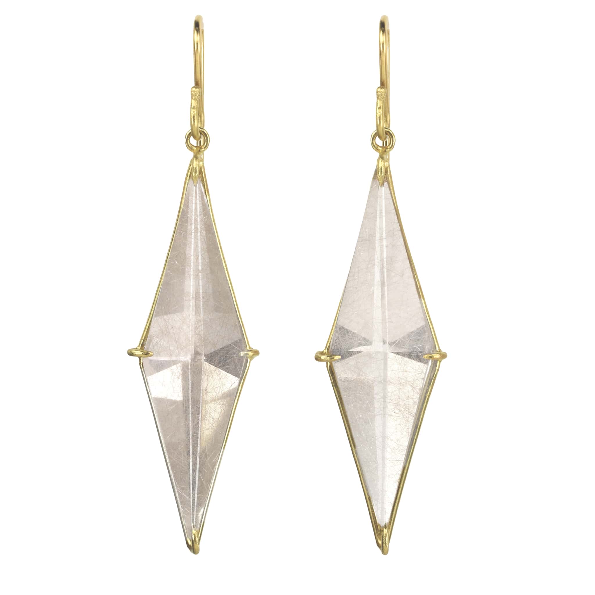 Rutilated Quartz Kite Shaped Drop Earrings in 18 Karat Yellow Gold Prong Setting