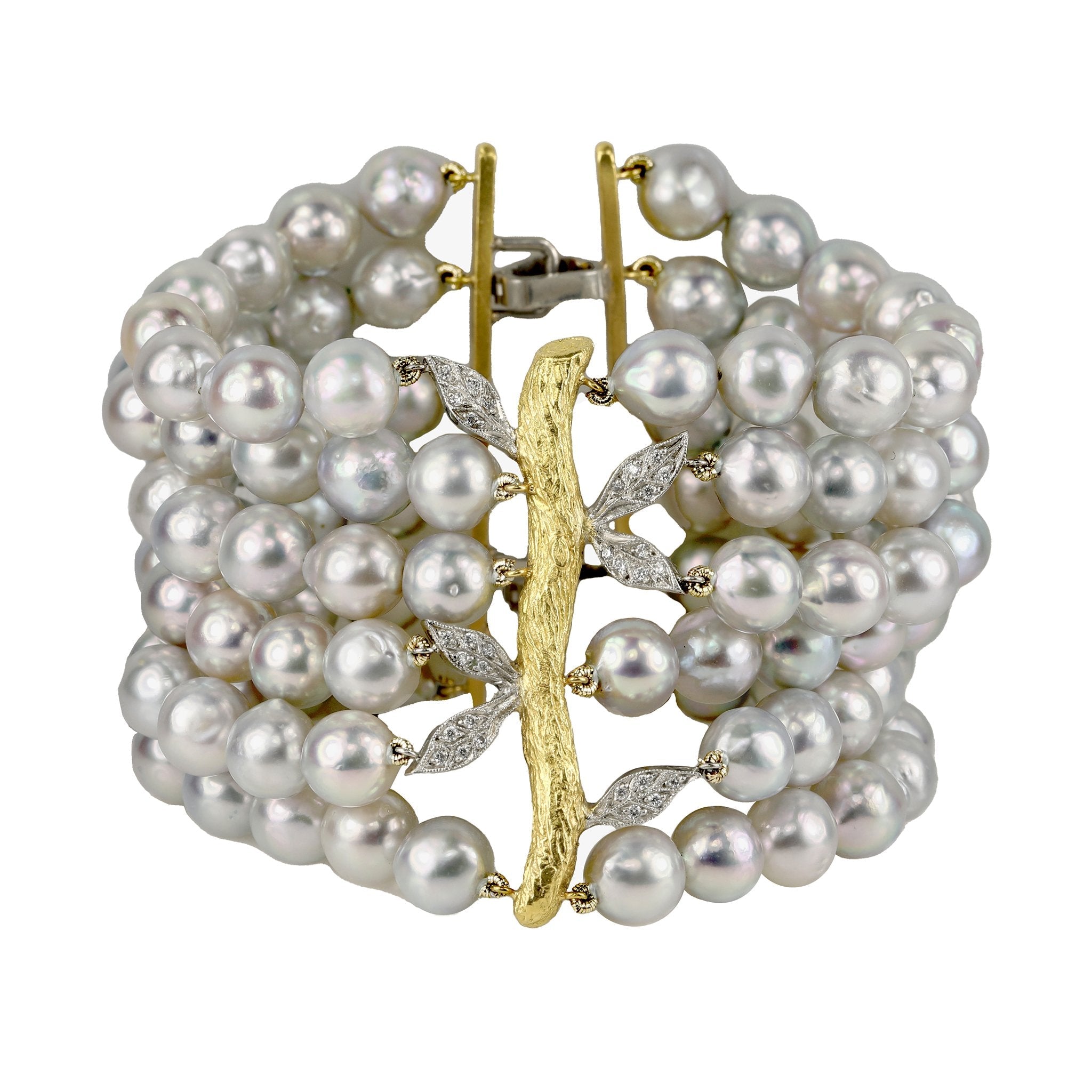 Cathy Waterman Silver Akoya Pearl Bracelet with &quot;Jeweled Branch&quot; Center