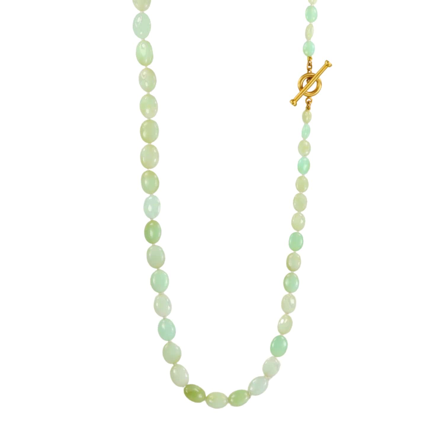 Smooth Oval Serbian Green Opal Beaded Necklace with 20K Gold Toggle Clasp - Peridot Fine Jewelry - Caroline Ellen