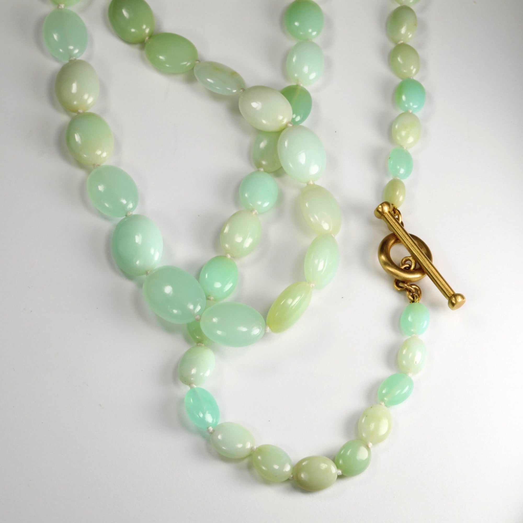 Caroline Ellen Smooth Oval Serbian Green Opal Beaded Necklace with 20K Gold Toggle Clasp