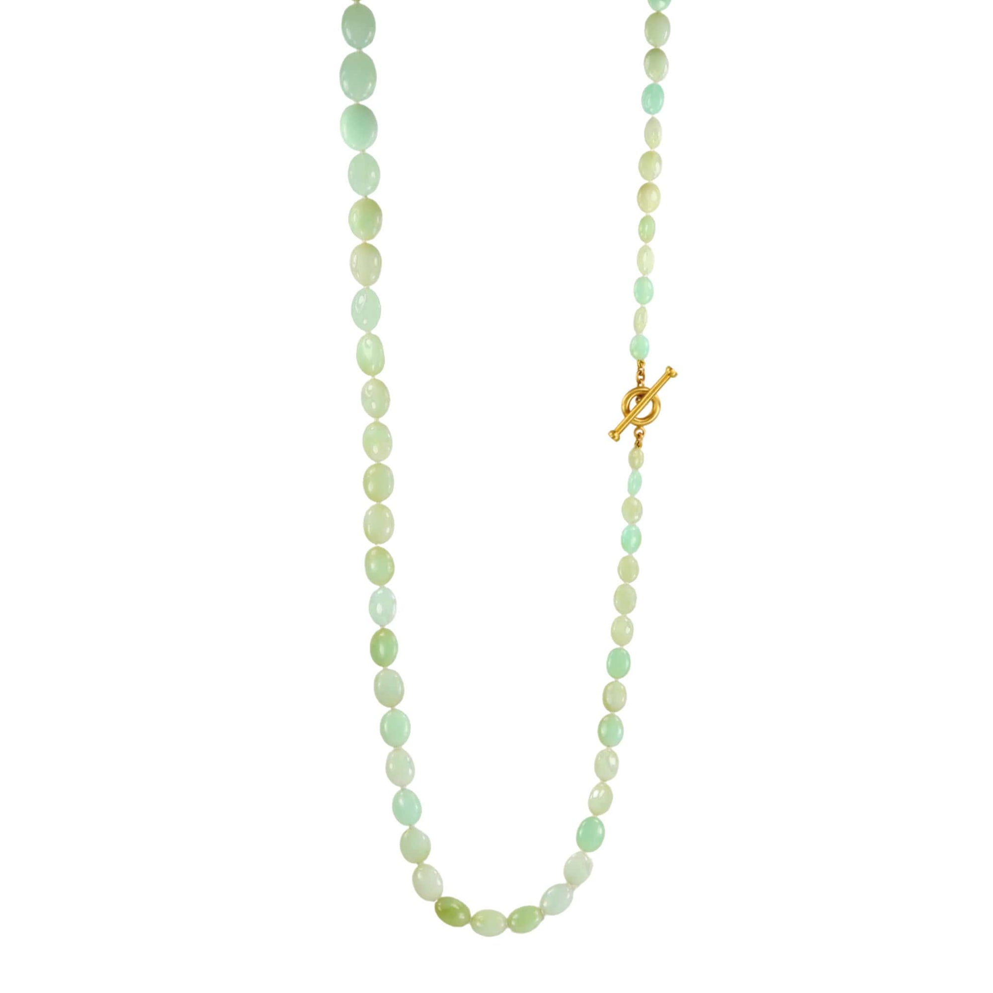 Caroline Ellen Smooth Oval Serbian Green Opal Beaded Necklace with 20K Gold Toggle Clasp
