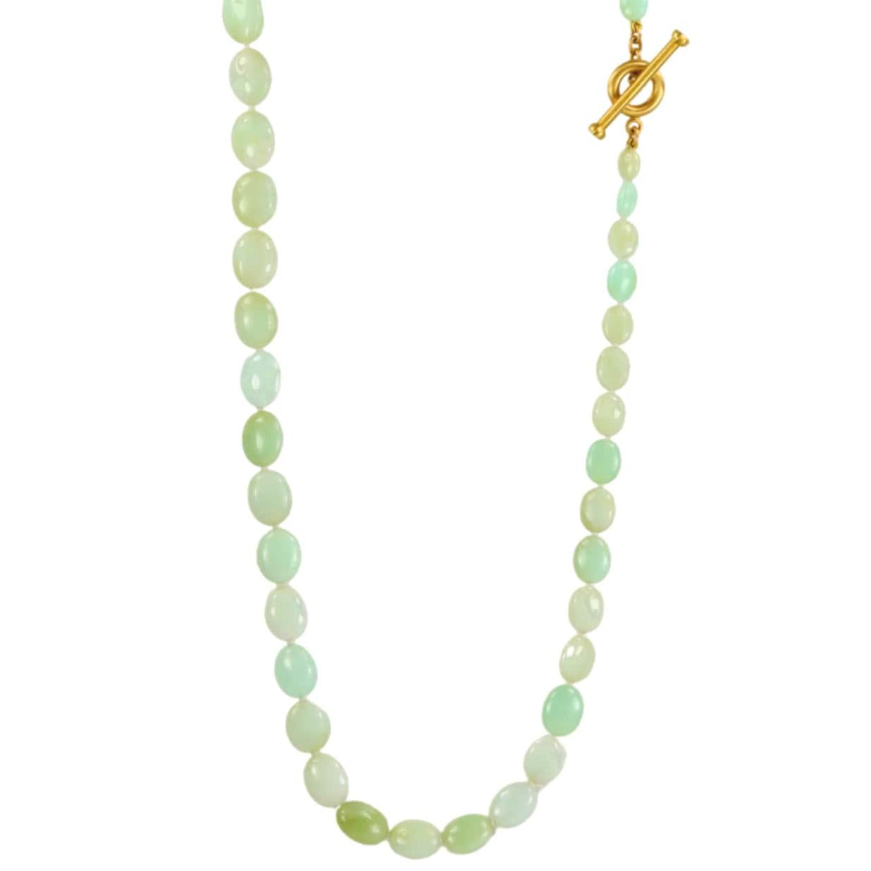 Caroline Ellen Smooth Oval Serbian Green Opal Beaded Necklace with 20K Gold Toggle Clasp