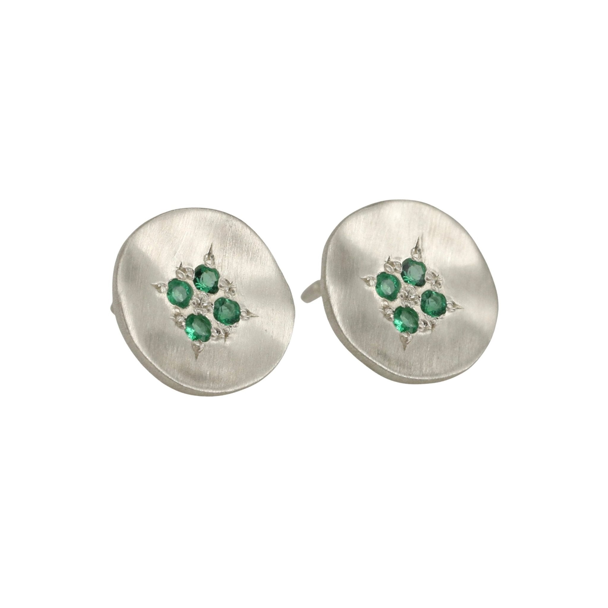 Adel Chefridi Sterling Silver Disc &quot;Four Star Wave&quot; Emerald Stud Earrings