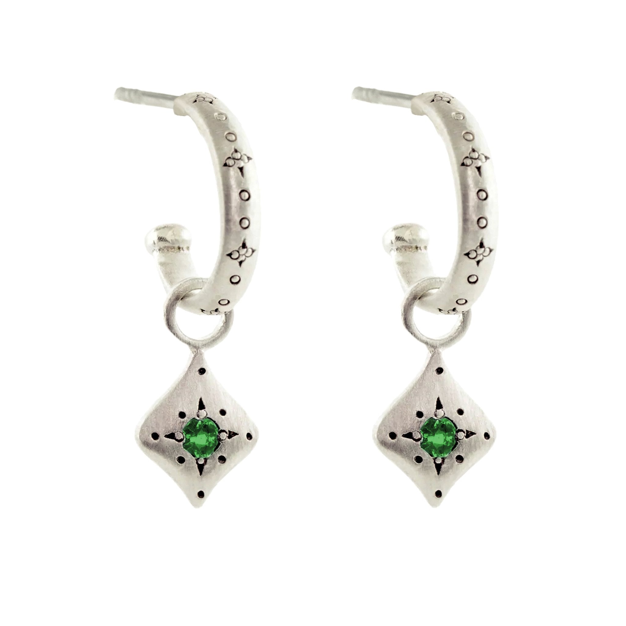 Adel Chefridi Sterling Silver Etched Hoops with Emerald &quot;Night&quot; Charms