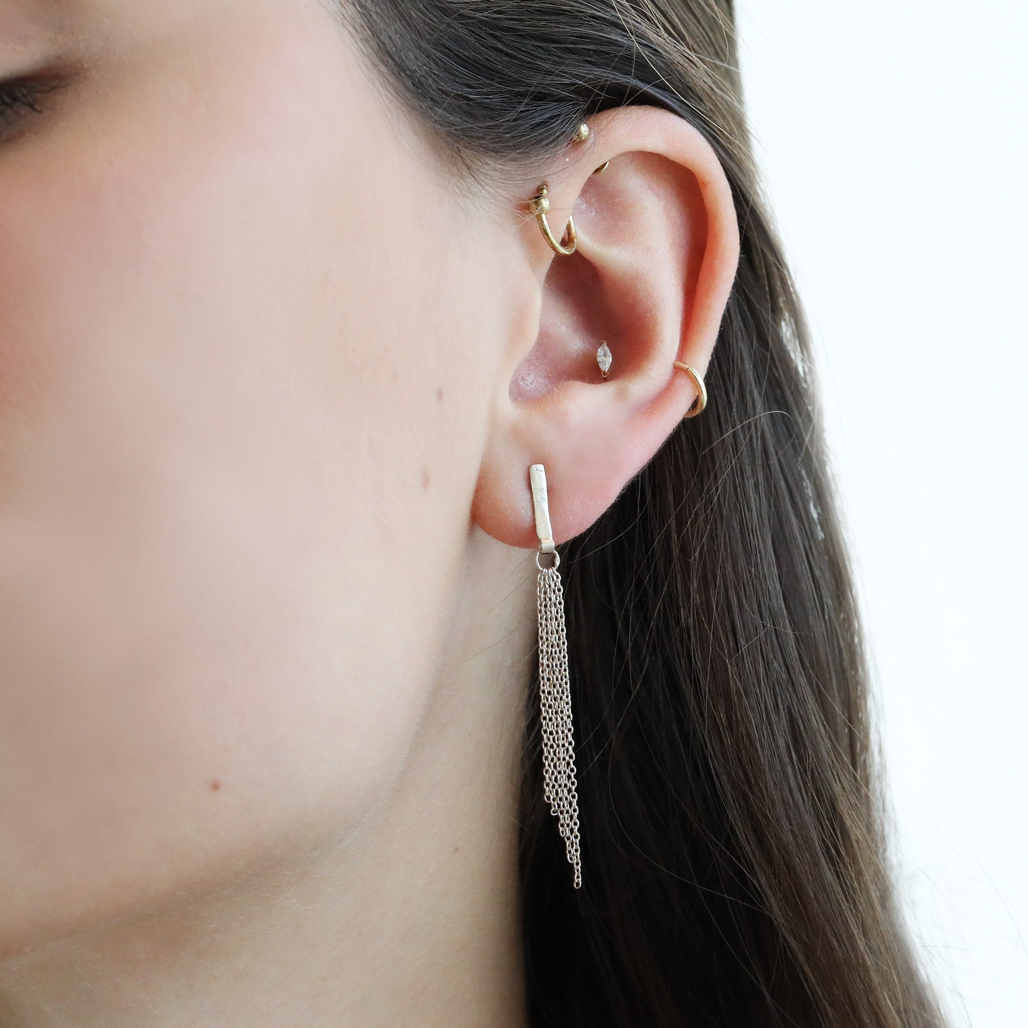 Sterling Silver Post Earrings with Angled Chain Fringe Attached to a Flat Bar - Peridot Fine Jewelry - Sarah Macfadden
