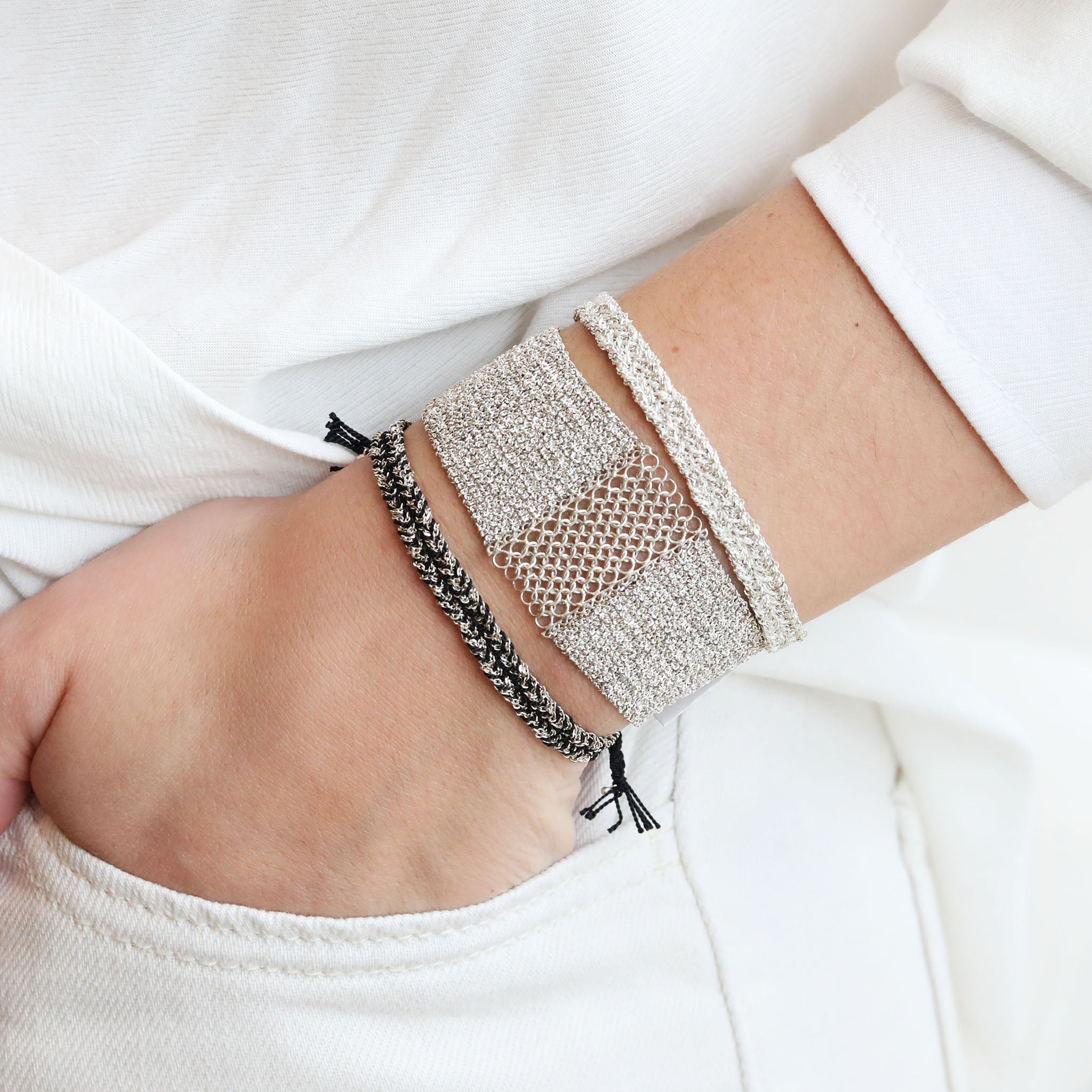 Sterling Silver &amp; White Silk Woven &quot;Mesh Chain&quot; Wide Bracelet - Peridot Fine Jewelry - Marie Laure Chamorel