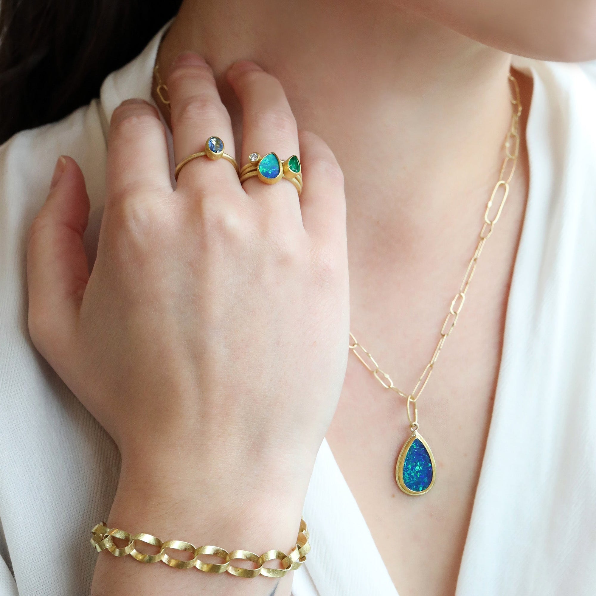 Teardrop "Frame" Bezel-Set Australian Opal Doublet Pendant - Peridot Fine Jewelry - Petra Class