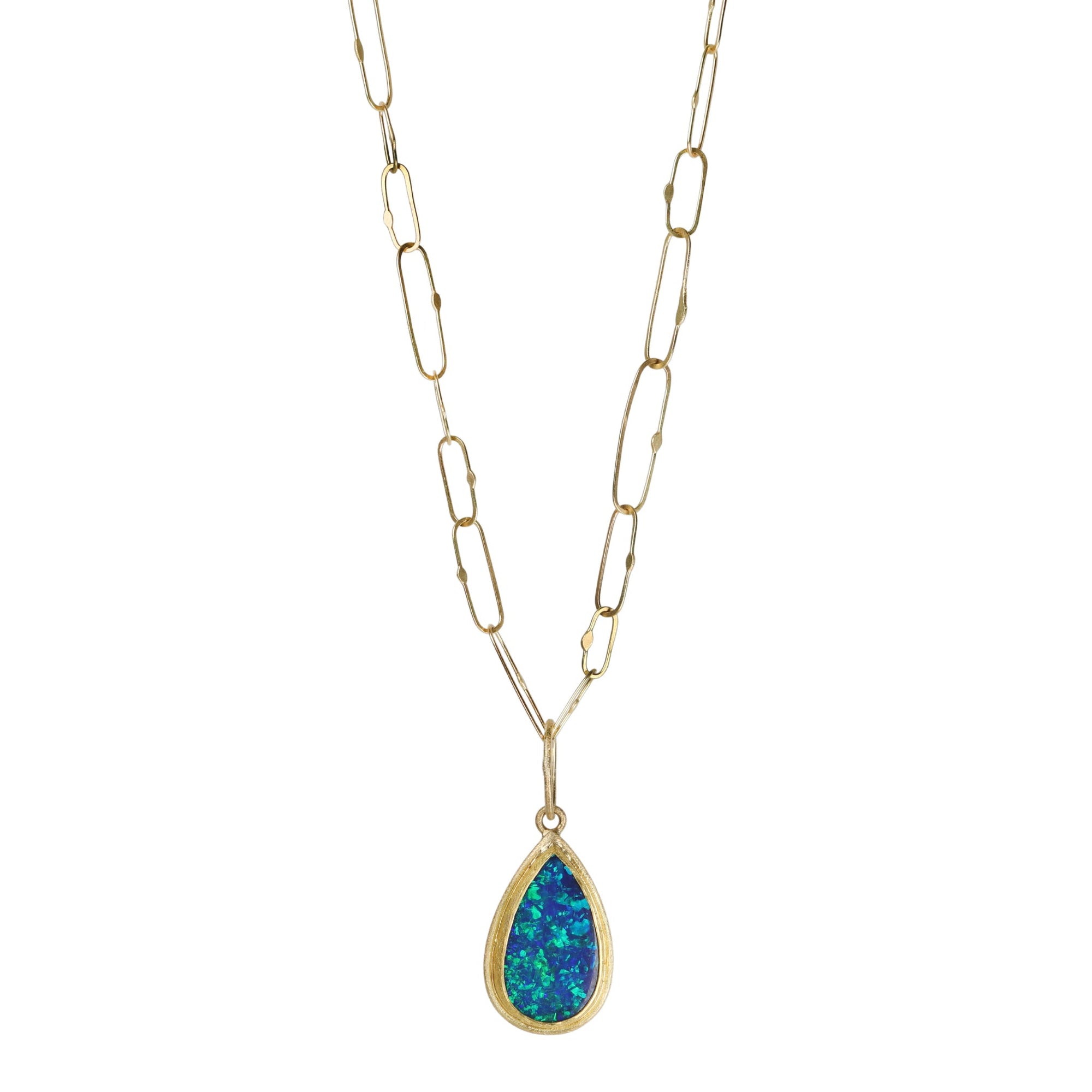 Teardrop &quot;Frame&quot; Bezel-Set Australian Opal Doublet Pendant - Peridot Fine Jewelry - Petra Class