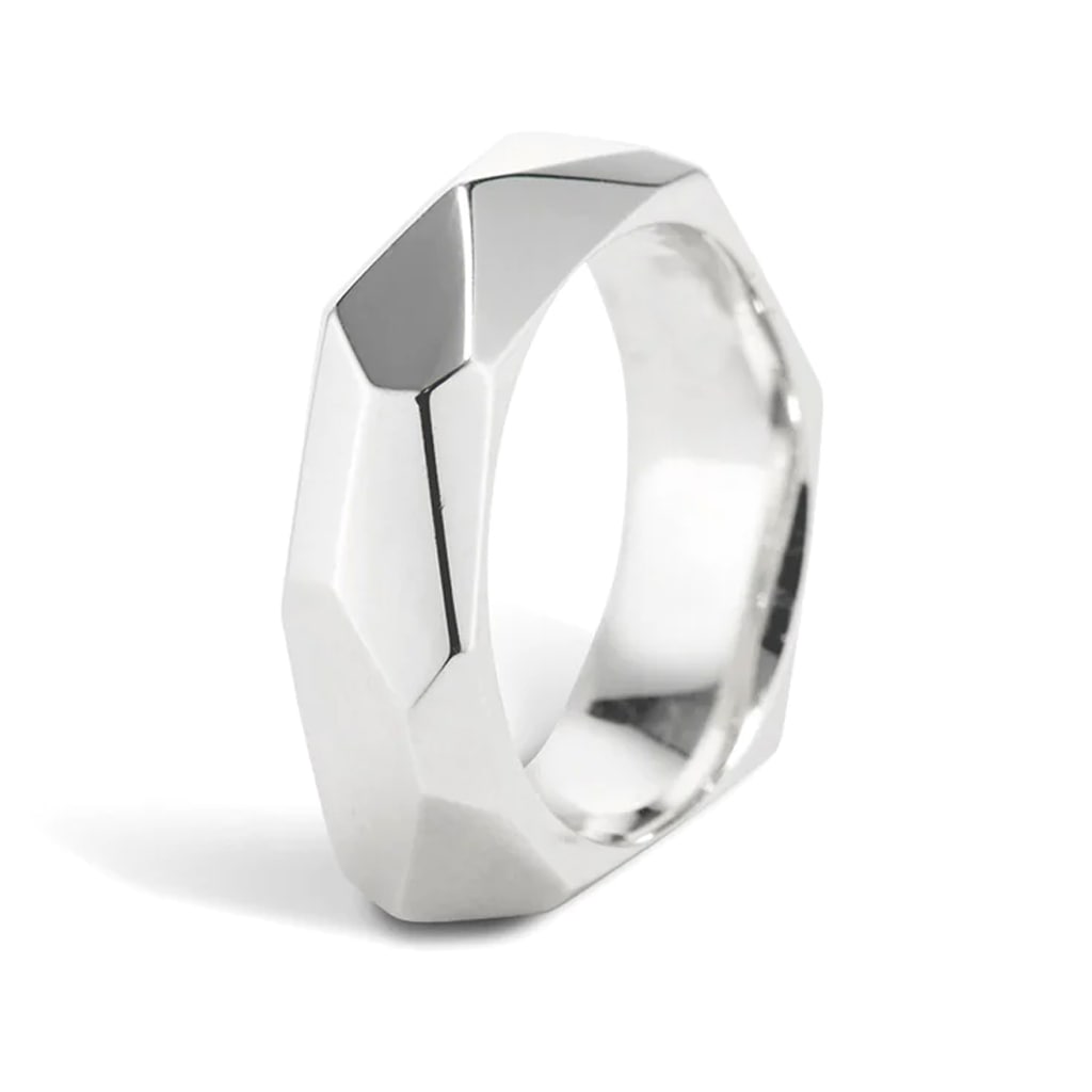 Sarah Macfadden Polished Sterling Silver carved ring with multiple facets