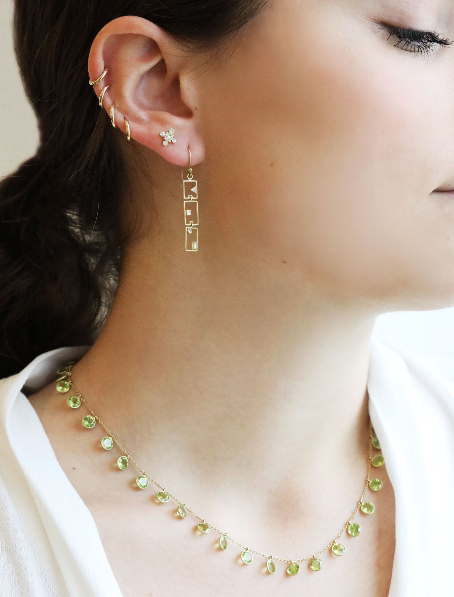 Triple &quot;Grid Layout&quot; Earrings with Bezel-Set Diamonds - Peridot Fine Jewelry - Kothari