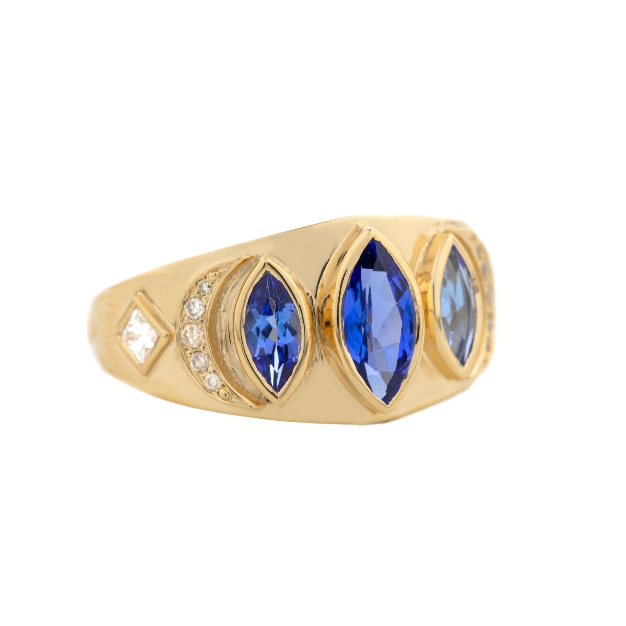 Triple Marquise Tanzanite &quot;Plate&quot; Ring with Diamond Details - Peridot Fine Jewelry - Celine Daoust