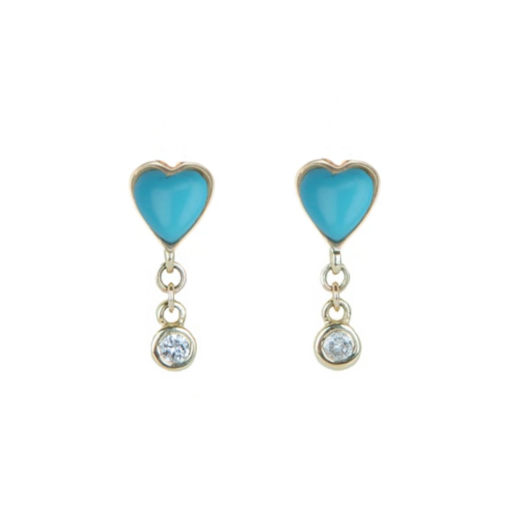 Zahava Turquoise &quot;Byrdie&quot; Heart Studs with Diamond Dangle