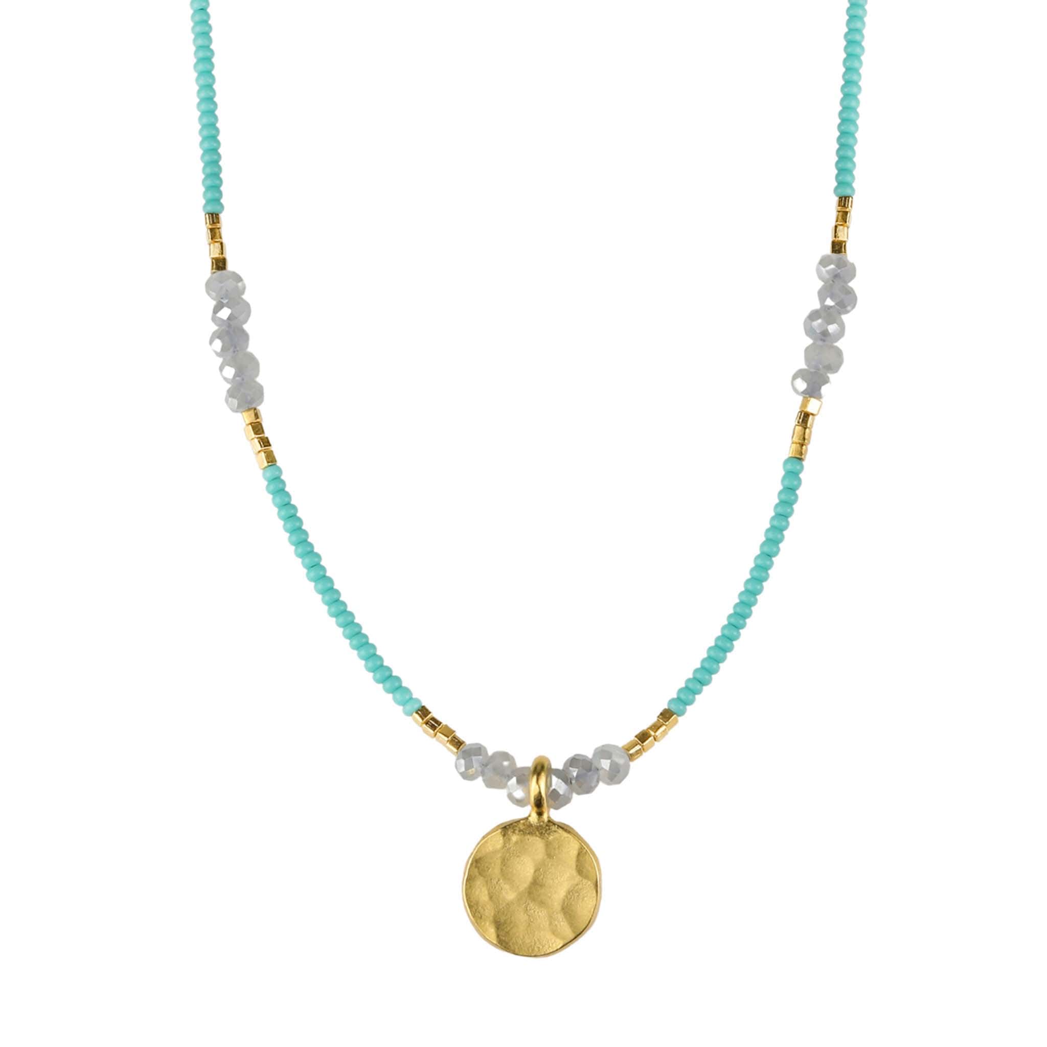 Debbie Fisher Turquoise Seed Bead Necklace with Grey Quartz &amp; Gold Disc Drop
