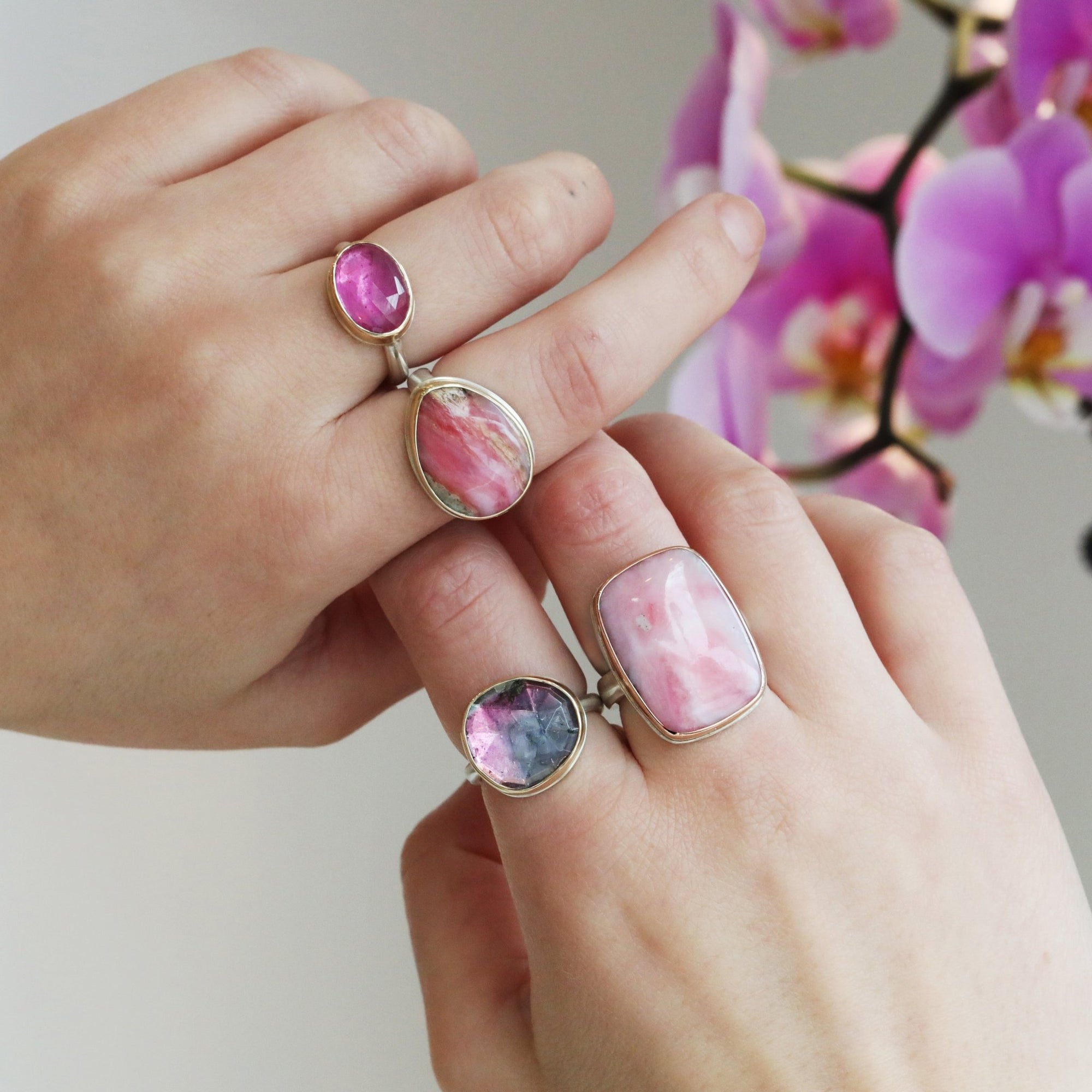Vertical Rectangular Pink Peruvian Opal Ring - Peridot Fine Jewelry - Jamie Joseph