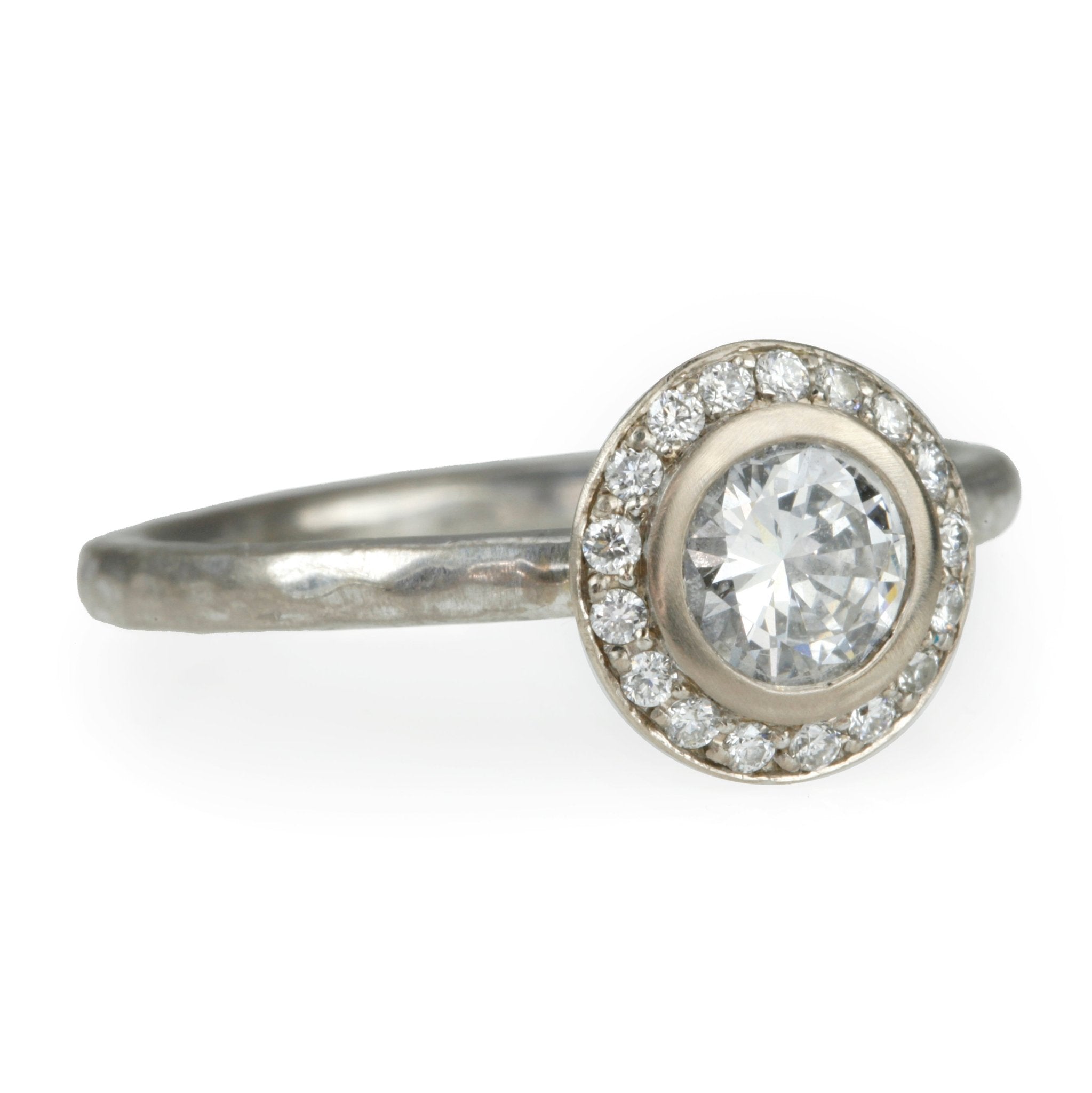 Annie Fensterstock White Gold and Diamond Engagement Ring with Pave Diamond Halo