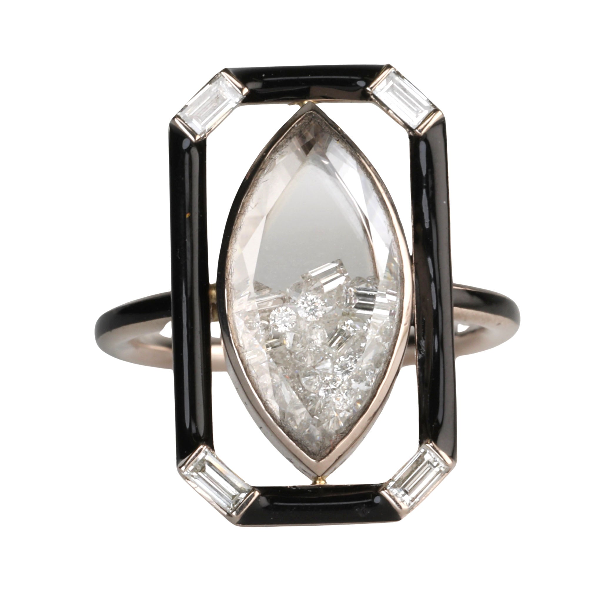 White Gold Palladium Black Enamel &amp; Marquise Diamond &quot;Shake&quot; Ring - Peridot Fine Jewelry - Moritz Glik