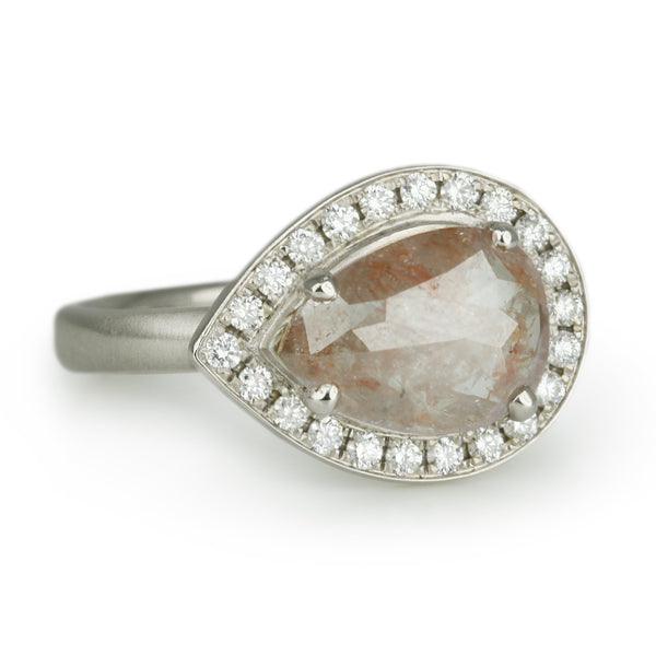Anne Sportun White Gold Pear-Shaped Cognac Diamond Ring with Pave Diamond Halo