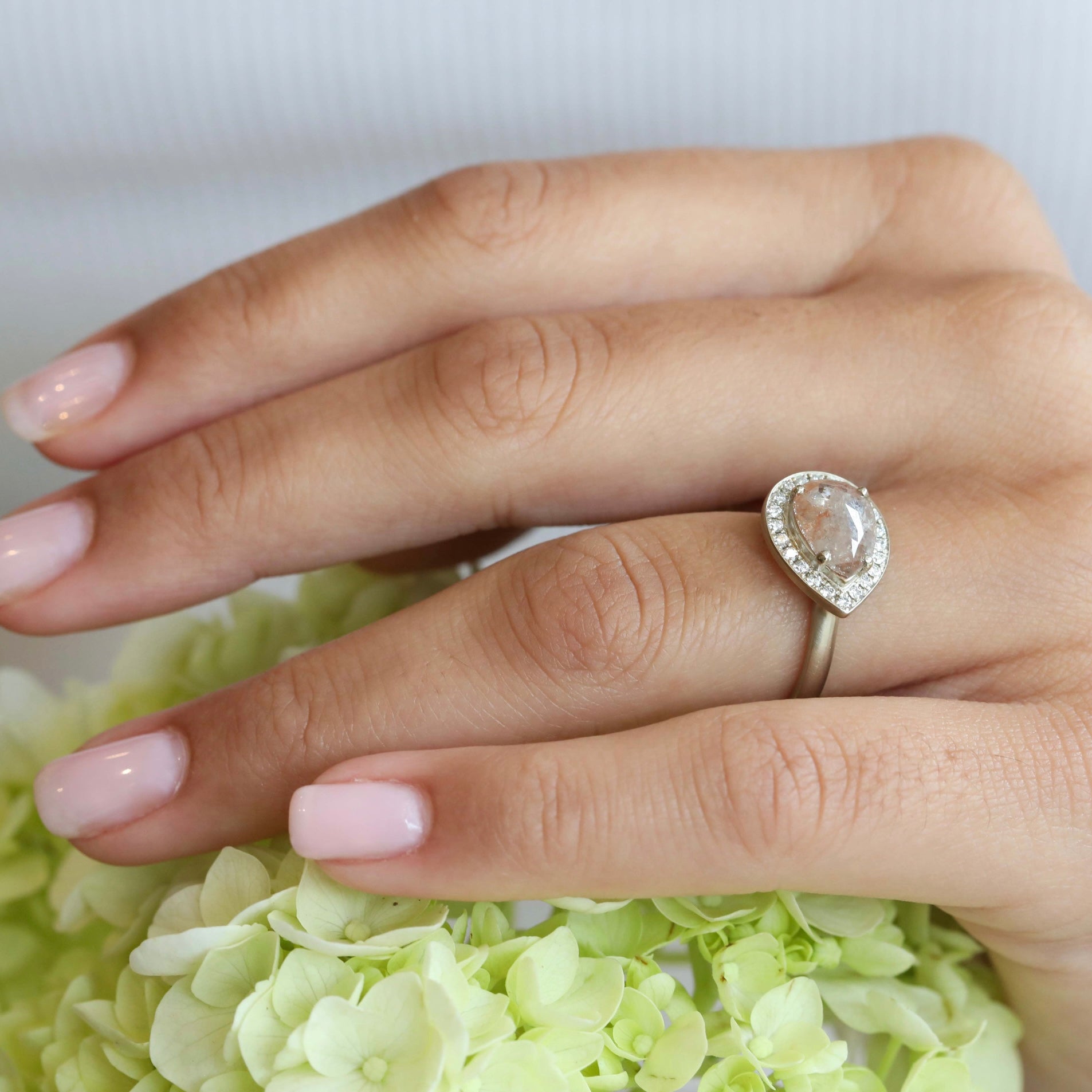 Anne Sportun White Gold Pear-Shaped Cognac Diamond Ring with Pave Diamond Halo